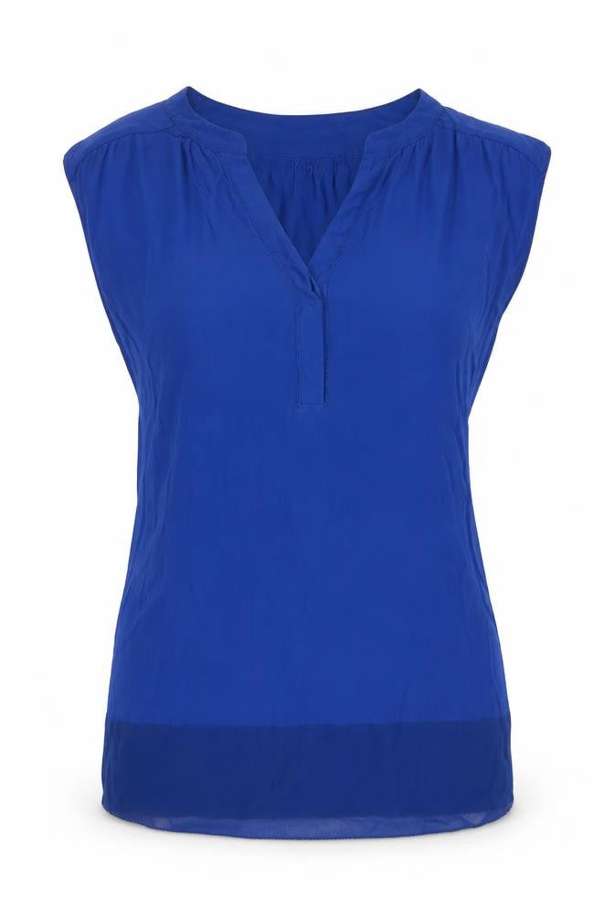 Front view of wishbone women’s blue basic tank, size UK 10