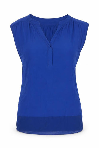 Front view of wishbone women’s blue basic tank, size UK 10