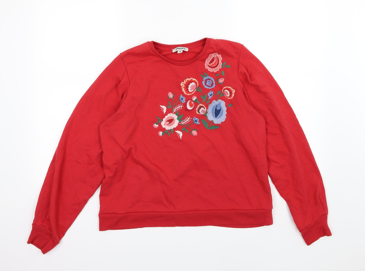 Additional front view of Creeks women’s red floral jersey pullover sweatshirt, size S