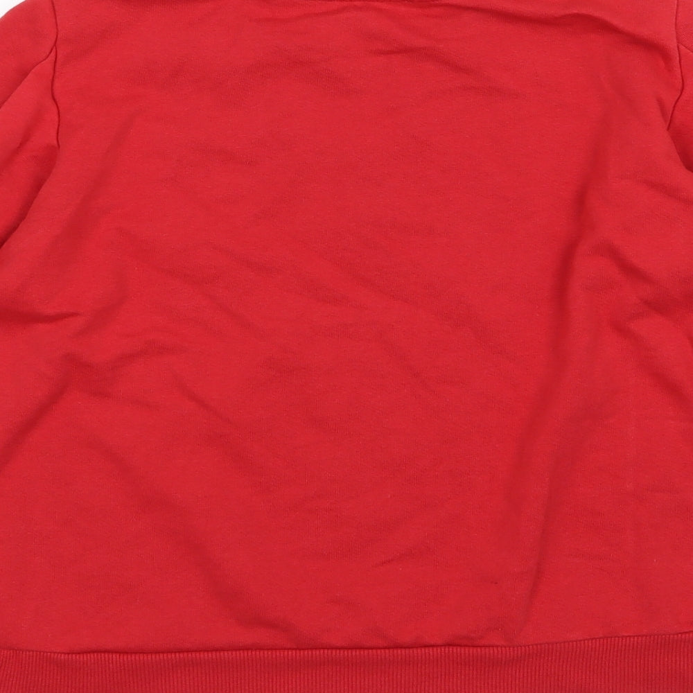 Brand and care label for Creeks women’s red floral jersey pullover sweatshirt, size S