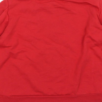 Brand and care label for Creeks women’s red floral jersey pullover sweatshirt, size S