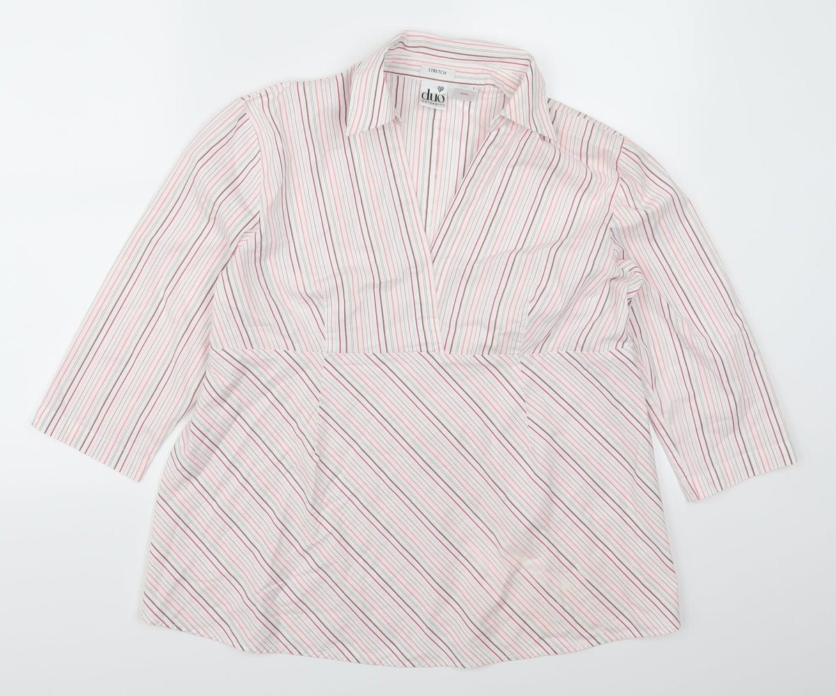 Front view of Duo Maternity women’s pink striped basic blouse, size L