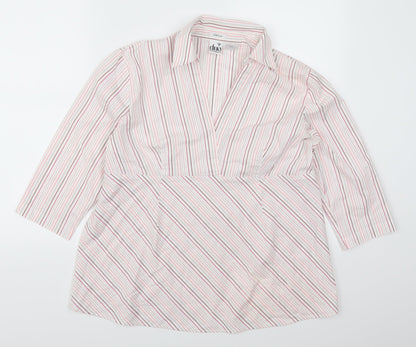 Front view of Duo Maternity women’s pink striped basic blouse, size L