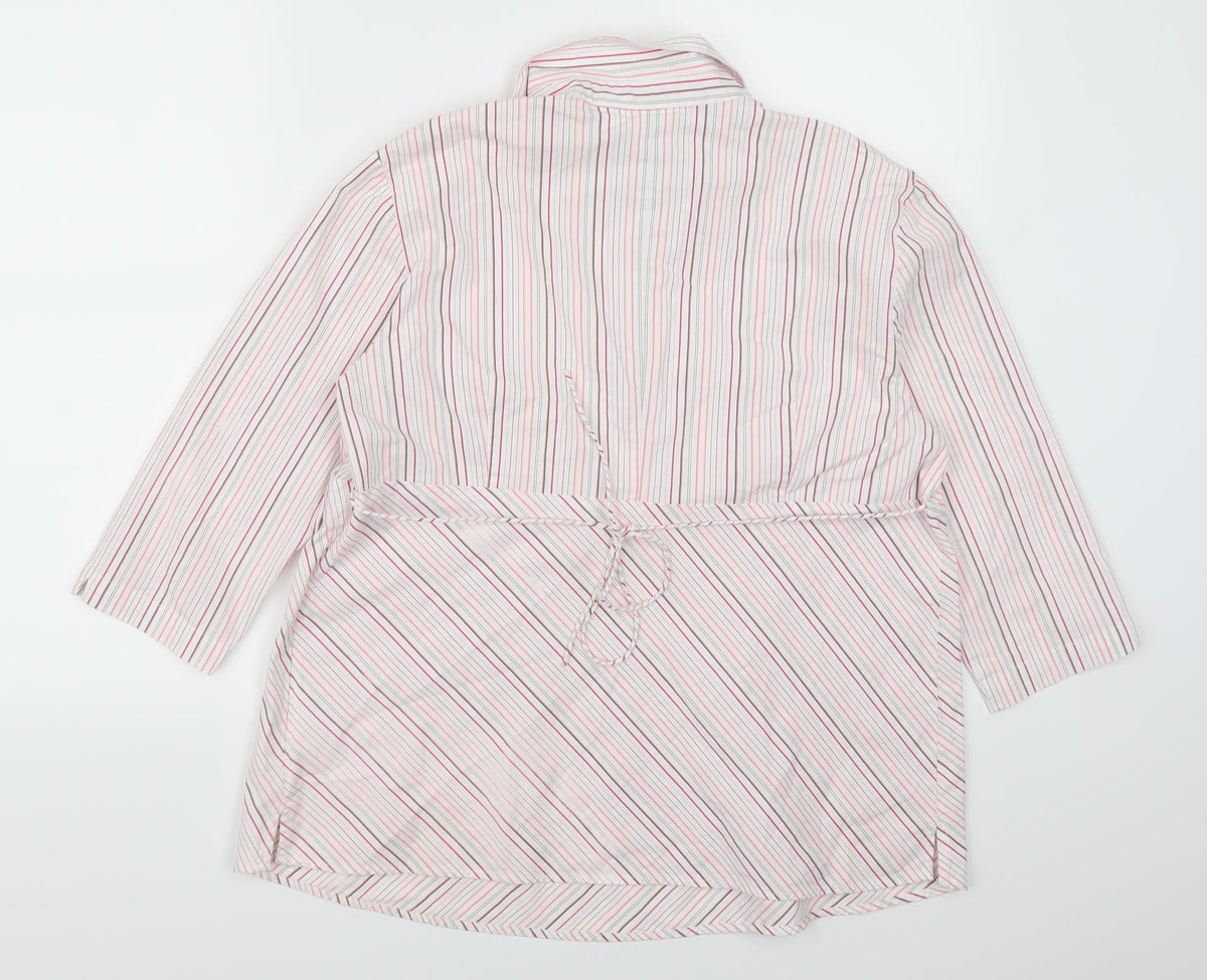 Back view of Duo Maternity women’s pink striped basic blouse, size L