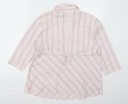 Back view of Duo Maternity women’s pink striped basic blouse, size L