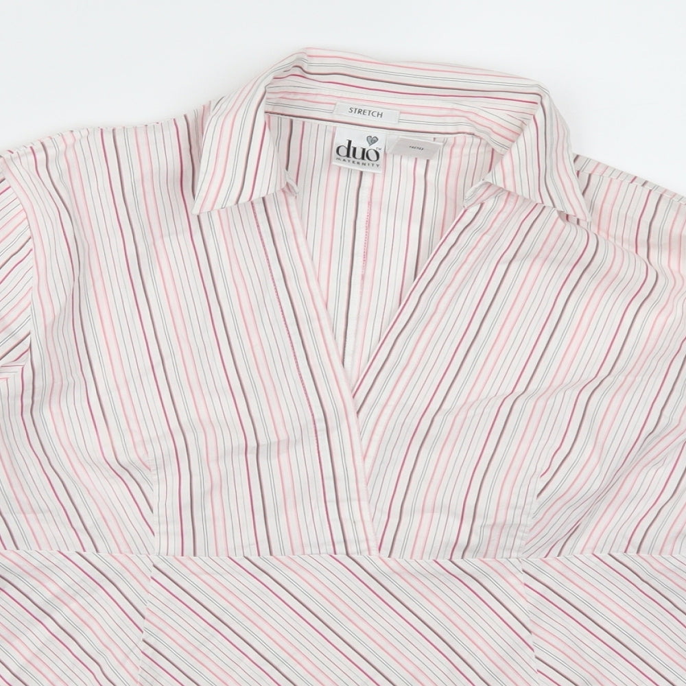 Close-up detail of Duo Maternity women’s pink striped basic blouse, size L