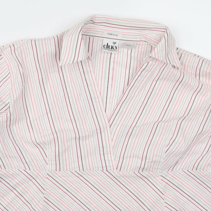 Close-up detail of Duo Maternity women’s pink striped basic blouse, size L