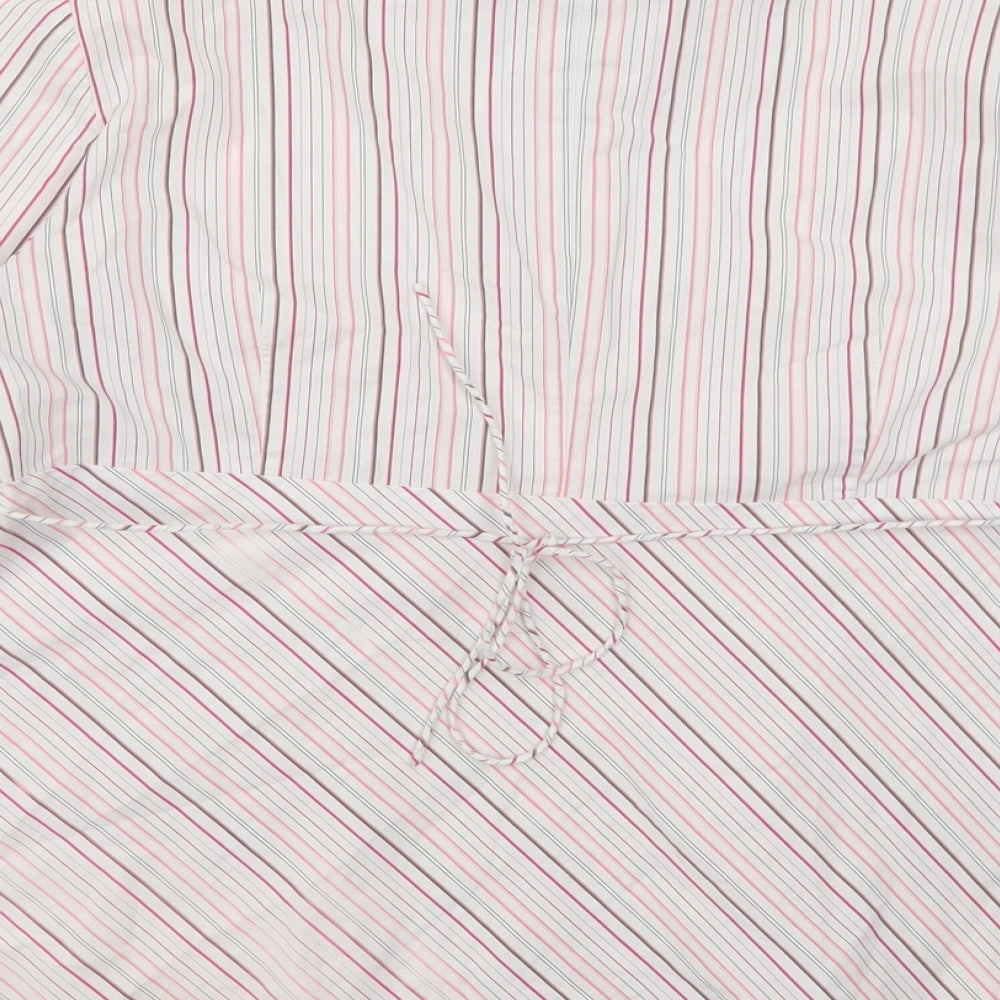 Brand and care label for Duo Maternity women’s pink striped basic blouse, size L