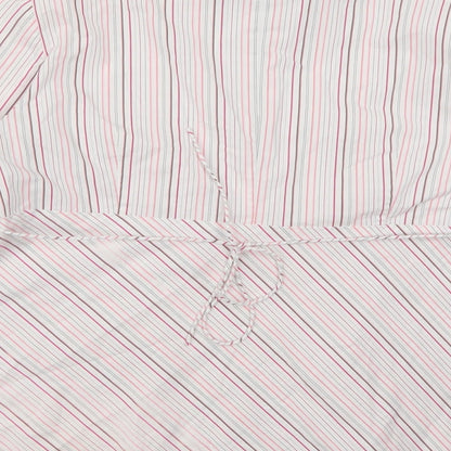 Brand and care label for Duo Maternity women’s pink striped basic blouse, size L