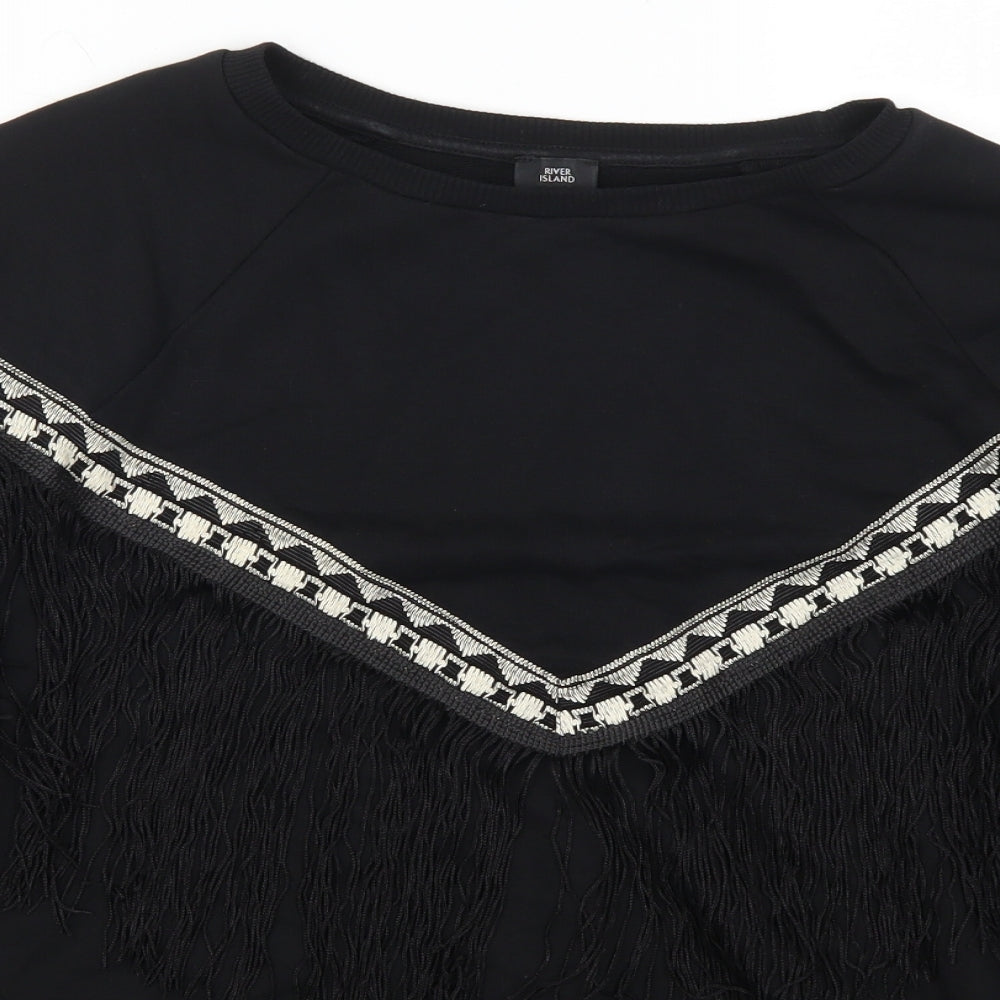 Close-up detail of River Isalnd women’s black geometric pullover sweatshirt, size M