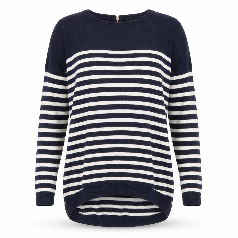Front view of Atmosphere women’s blue striped jumper, size UK 6
