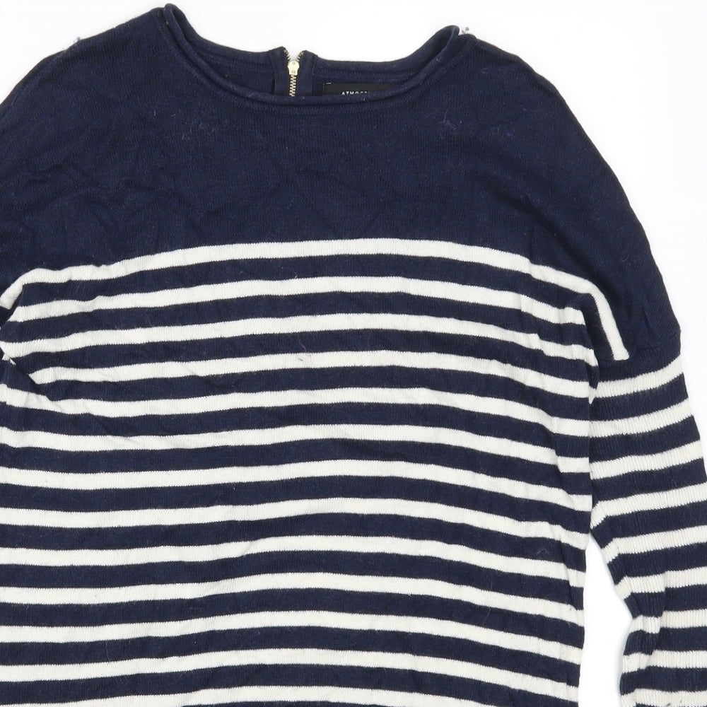 Close-up detail of Atmosphere women’s blue striped jumper, size UK 6