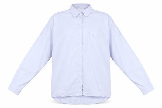Front view of Leana Woman women’s blue basic button-up, size UK 12