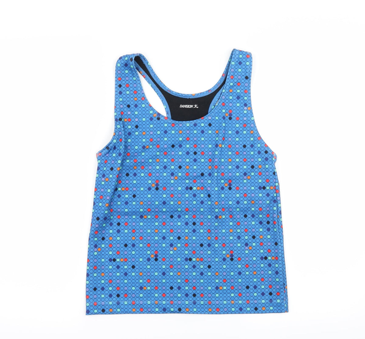 Additional front view of Danskin women’s blue polka dot jersey basic tank, size L