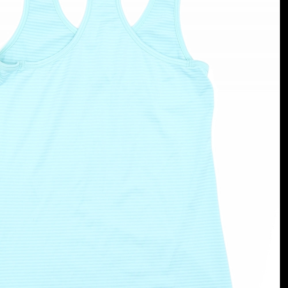 Brand and care label for 90 Degree women’s blue basic tank, size L