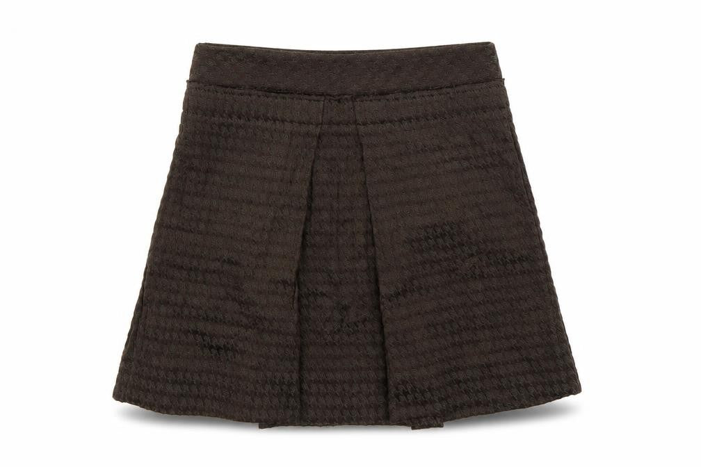 Front view of Pringle women’s brown a-line skirt, size UK 10