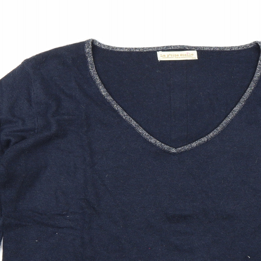 Close-up detail of La P'tite Etoile women’s blue jumper, size M