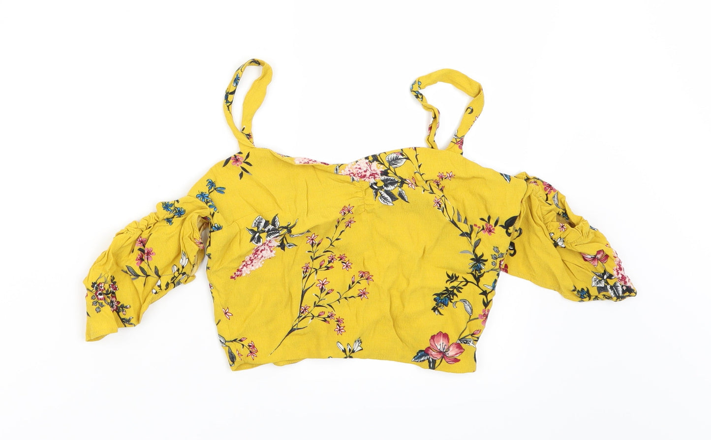 Bershka Womens Yellow Floral  Cropped Blouse Size XS