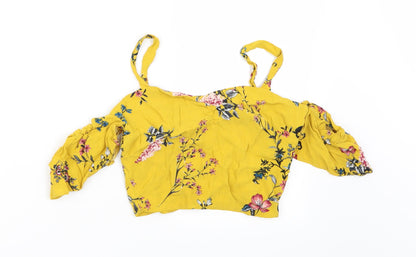 Bershka Womens Yellow Floral  Cropped Blouse Size XS