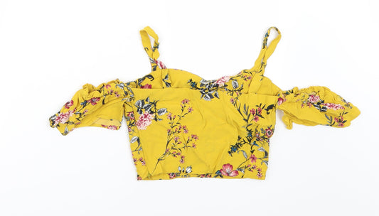 Bershka Womens Yellow Floral  Cropped Blouse Size XS