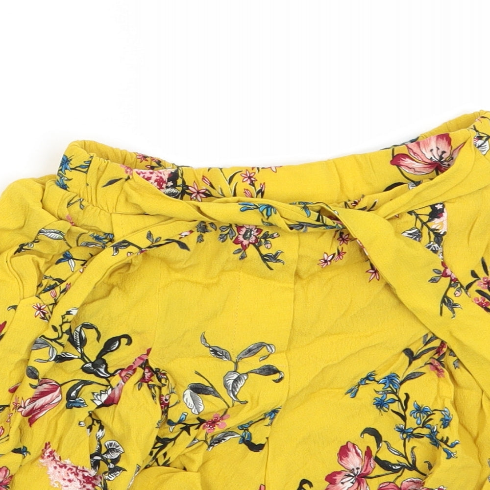Bershka Womens Yellow Floral  Paperbag Shorts Size XS
