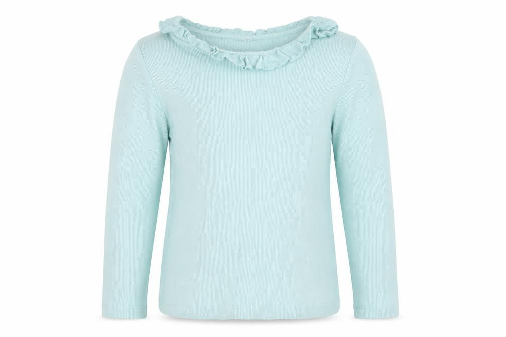 Front view of Uniqlo girls’ blue basic t-shirt, size 5-6, years
