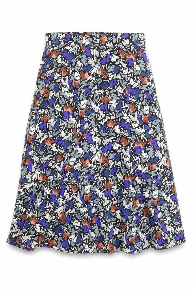 Front view of Preworn women’s multicoloured geometric a-line skirt, size UK 30, in