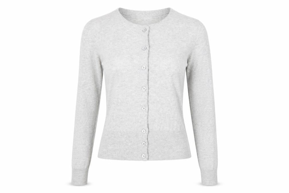 Front view of Kier & J women’s grey knit cardigan jumper, size S
