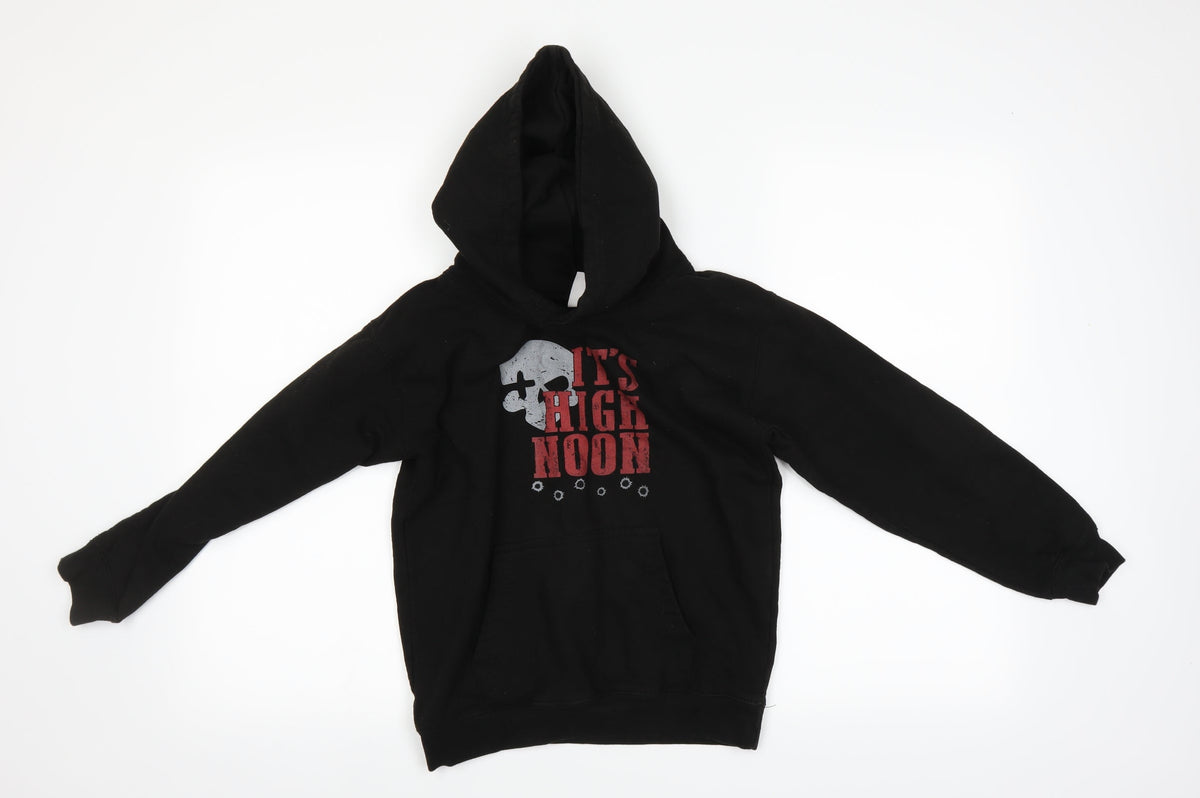 Front view of Just Hoods boys’ black pullover sweatshirt, size 9, years