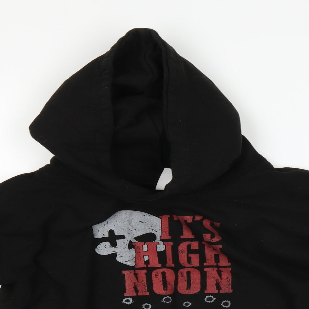 Close-up detail of Just Hoods boys’ black pullover sweatshirt, size 9, years
