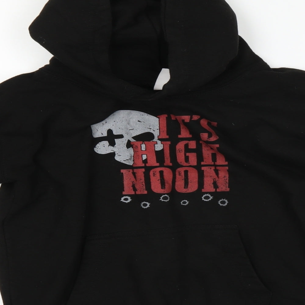 Brand and care label for Just Hoods boys’ black pullover sweatshirt, size 9, years