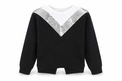Front view of Matalan girls’ black striped pullover sweatshirt, size 8, years