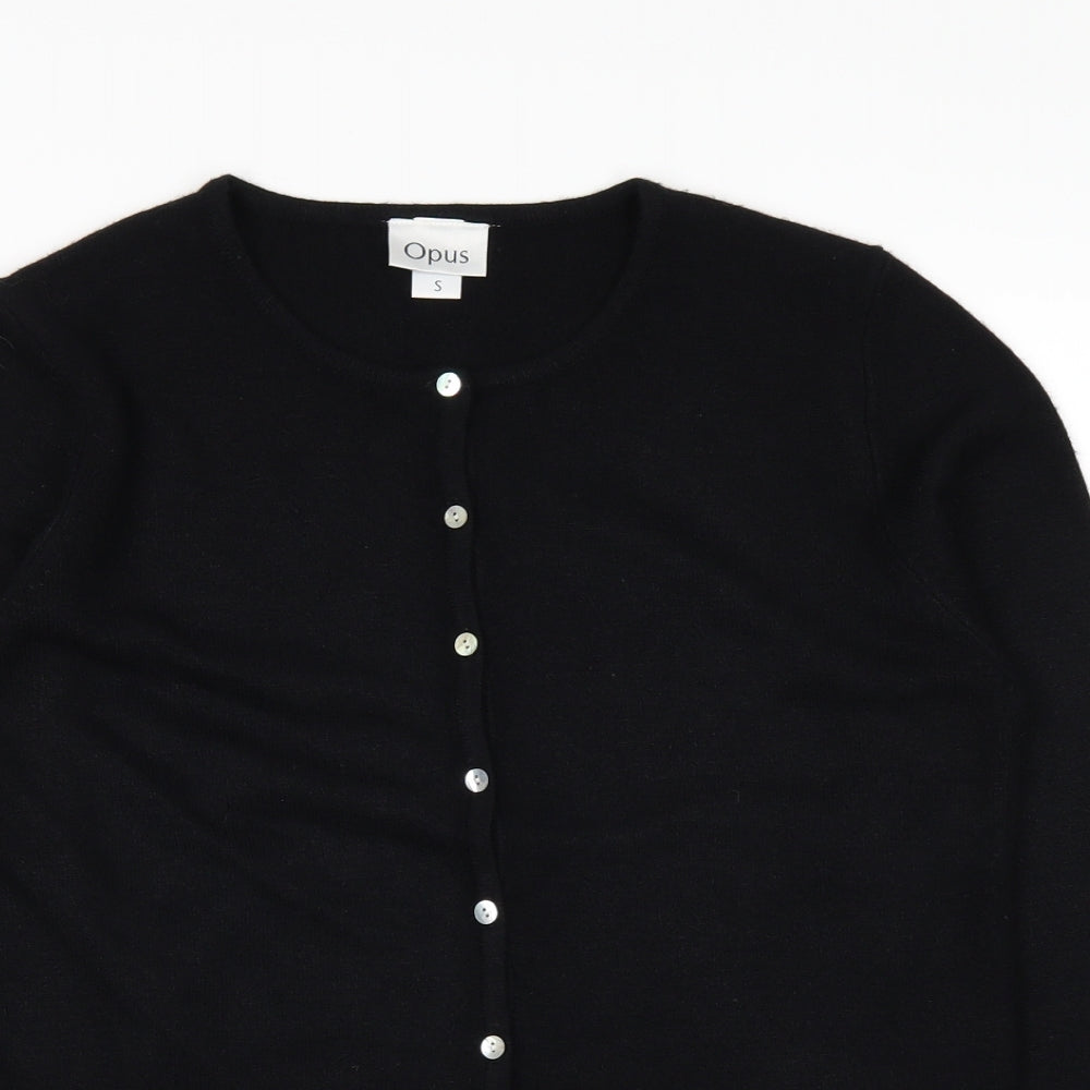 Close-up detail of OPUS women’s black cardigan jumper, size S