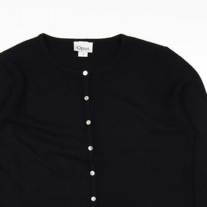 Close-up detail of OPUS women’s black cardigan jumper, size S