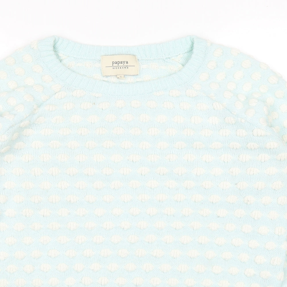 Close-up detail of Papaya women’s blue jumper, size S