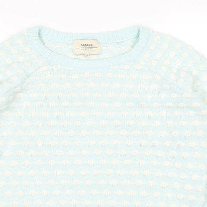 Close-up detail of Papaya women’s blue jumper, size S