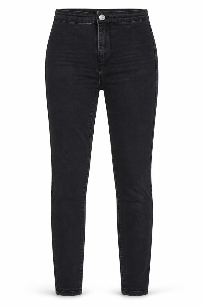 Front view of Denim & Co. women’s black denim skinny jeans, size UK 6, 27-inch leg