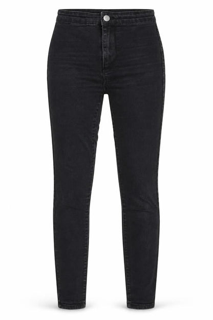 Front view of Denim & Co. women’s black denim skinny jeans, size UK 6, 27-inch leg