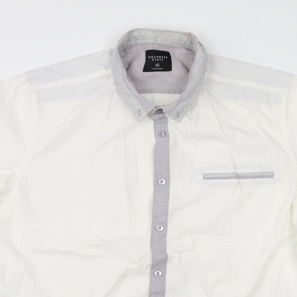 Mens UK Size XL Cedar Wood State White  Button-Up Short Sleeve Casual Shirt