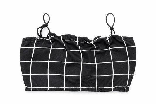 Front view of SHEIN women’s black check cropped t-shirt, size UK 6