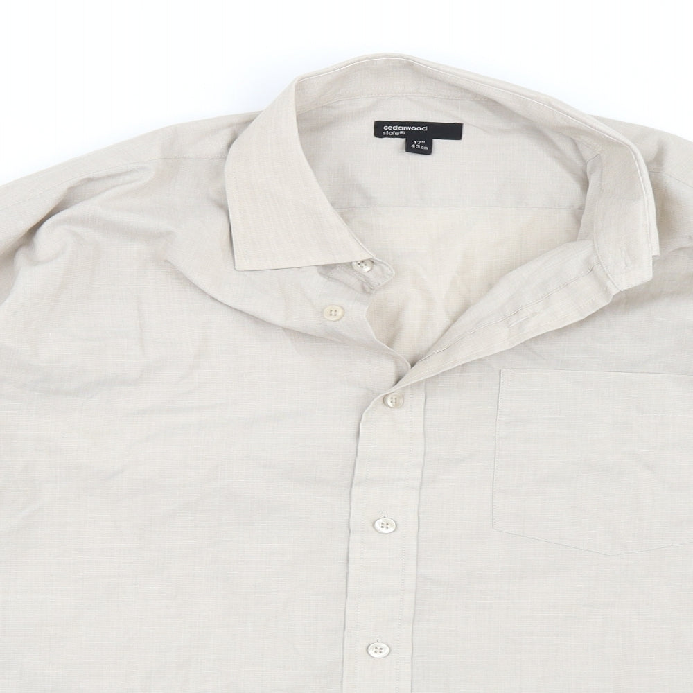 Mens UK Size 17 Cedar Wood Beige  Button-Up Long Sleeve Casual Shirt