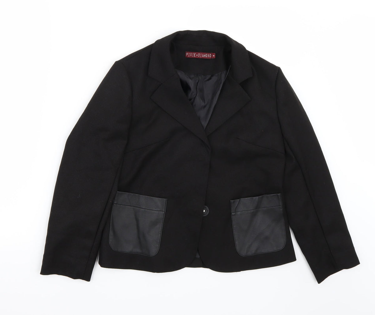 Additional front view of Pixie + diamond women’s black jacket coat, size UK 8