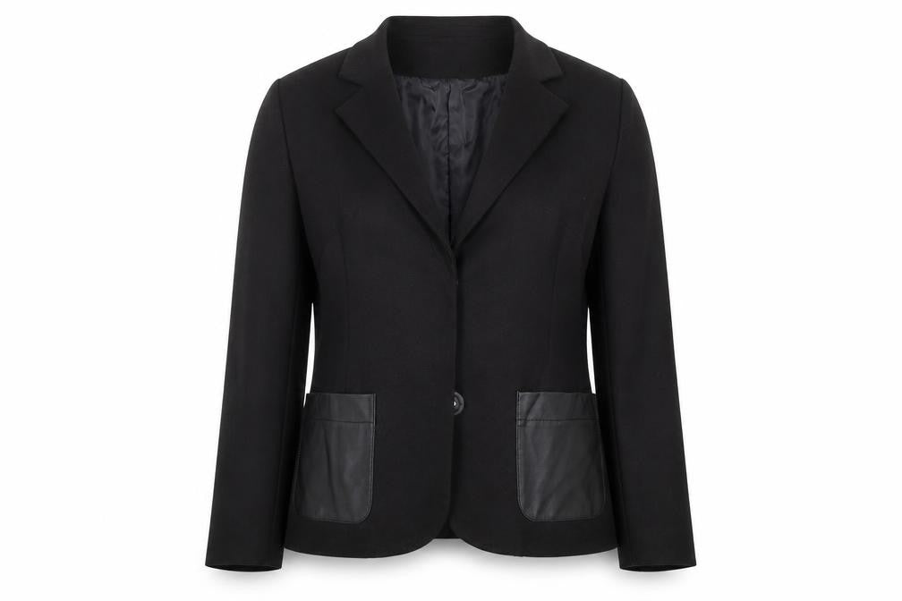 Front view of Pixie + diamond women’s black jacket coat, size UK 8