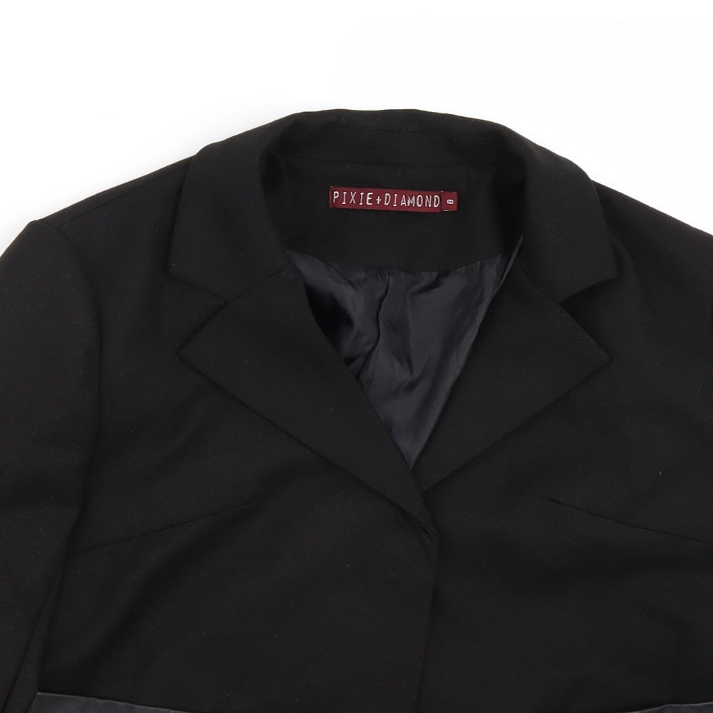 Close-up detail of Pixie + diamond women’s black jacket coat, size UK 8