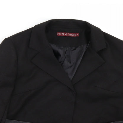 Close-up detail of Pixie + diamond women’s black jacket coat, size UK 8