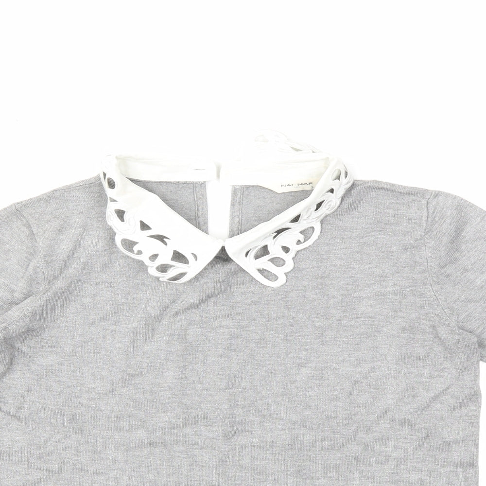 Close-up detail of NAF NAF women’s grey knit jumper, size S