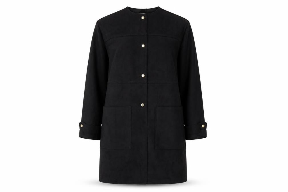 Front view of Voyles women’s black overcoat coat, size S