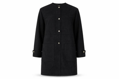 Front view of Voyles women’s black overcoat coat, size S