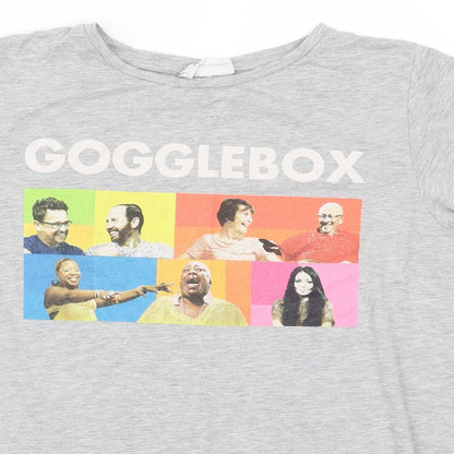 Close-up detail of Gogglebox women’s grey basic t-shirt, size UK 12, - gogglebox