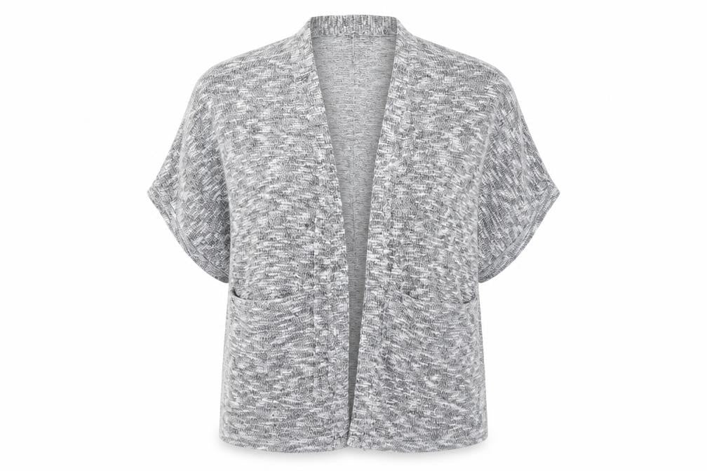 Front view of Innocence women’s grey knit cardigan jumper, size UK 12